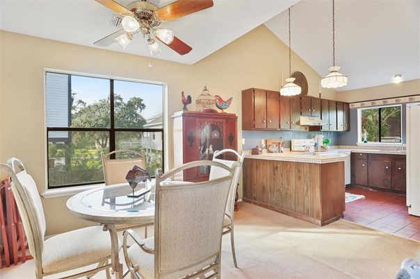 Dining room, Interior, Kitchen, Pendant Lights, Tile Countertops