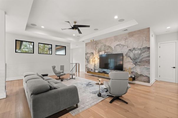 Interior, Living room, Marble Walls, Recessed Lighting, Wood Texture Flooring