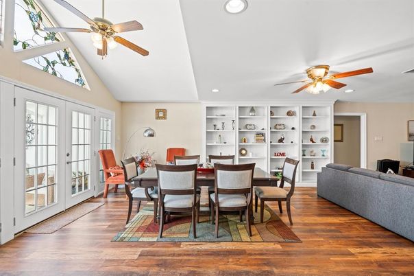 Dining room, Interior, Recessed Lighting, Wood Texture Flooring