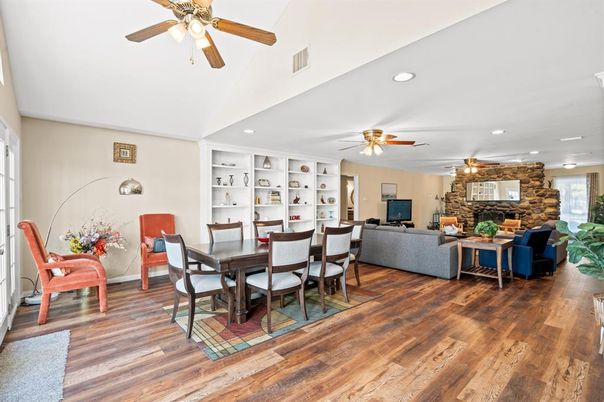 Dining room, Interior, Living room, Recessed Lighting, Stone Walls, Wood Texture Flooring