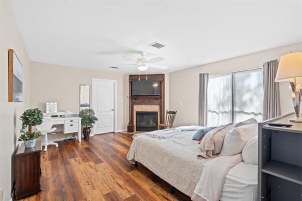 Bedroom, Fireplace, Interior, Wood Texture Flooring