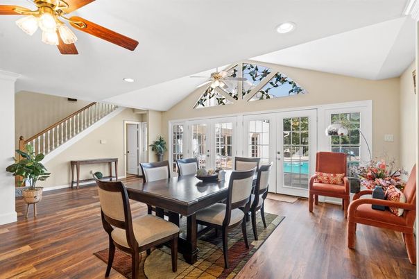 Dining room, Interior, Recessed Lighting, Wood Texture Flooring