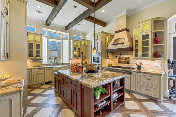 Interior, Kitchen, Pendant Lights, Recessed Lighting, Stainless Steel Appliances, Wooden Beams