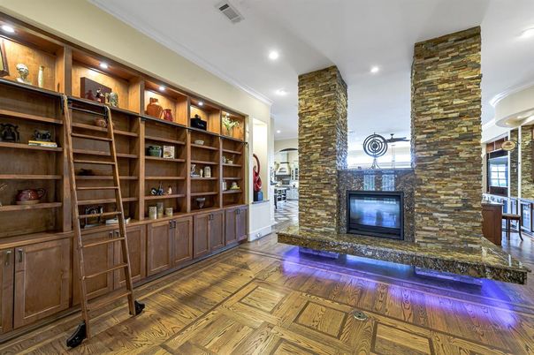 Fireplace, Interior, Recessed Lighting, Stone Walls, Wood Texture Flooring