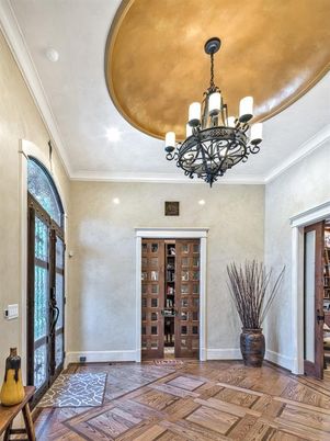Chandelier, Interior, Recessed Lighting, Wine Storage, Wood Texture Flooring
