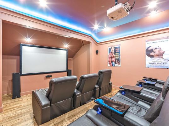 Home Theatre Room, Interior, Projection Screen, Recessed Lighting, Theatre Room, Wood Texture Flooring