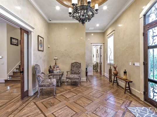 Chandelier, Interior, Recessed Lighting, Wood Texture Flooring