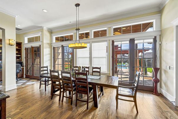 Dining room, Interior, Pendant Lights, Recessed Lighting, Wood Texture Flooring