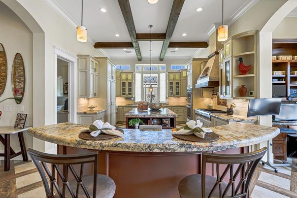 Interior, Kitchen, Pendant Lights, Recessed Lighting, Stainless Steel Appliances, Wooden Beams