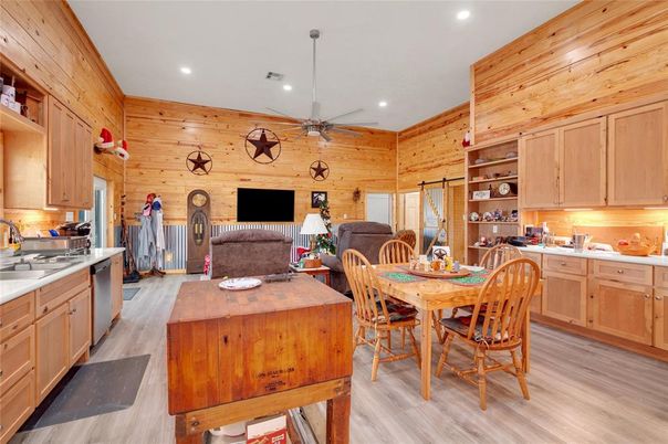 Dining room, Interior, Kitchen, Recessed Lighting, Wood Texture Flooring, Wooden Walls