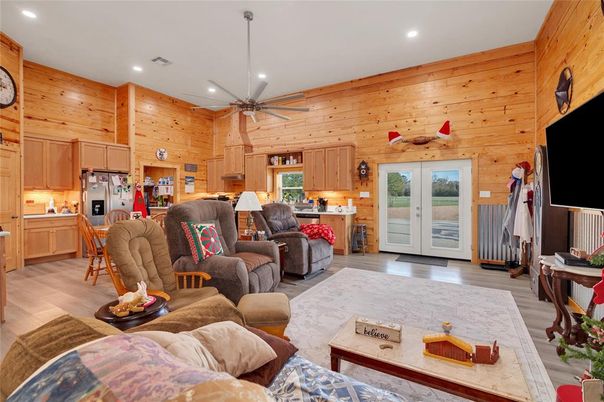 Interior, Kitchen, Living room, Recessed Lighting, Wood Texture Flooring, Wooden Walls