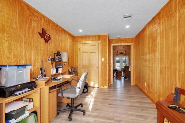 Home Office, Interior, Recessed Lighting, Wood Texture Flooring, Wooden Walls