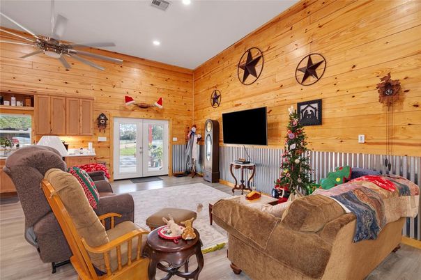 Interior, Living room, Recessed Lighting, Wood Texture Flooring, Wooden Walls