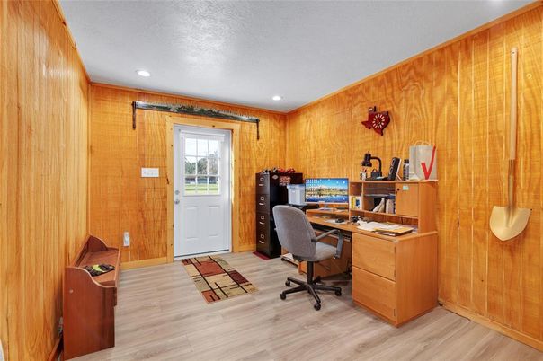 Home Office, Interior, Recessed Lighting, Wood Texture Flooring, Wooden Walls