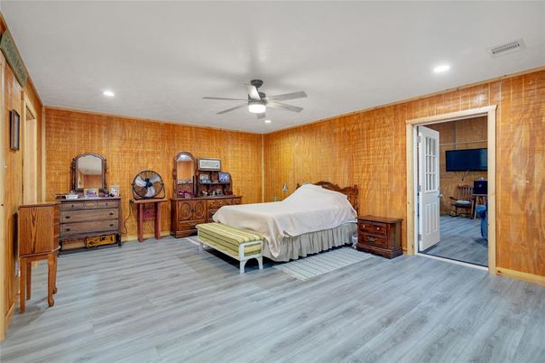 Bedroom, Interior, Recessed Lighting, Stone Walls, Wood Texture Flooring