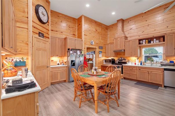 Dining room, Interior, Kitchen, Recessed Lighting, Wood Texture Flooring, Wooden Walls