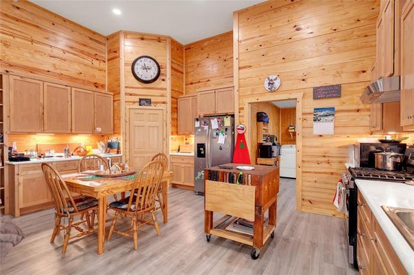 Dining room, Interior, Kitchen, Recessed Lighting, Wood Texture Flooring, Wooden Walls