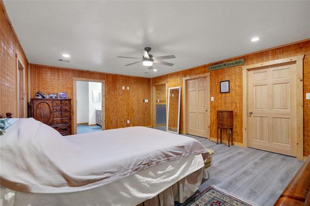 Bedroom, Interior, Recessed Lighting, Stone Walls, Wood Texture Flooring, Wooden Walls