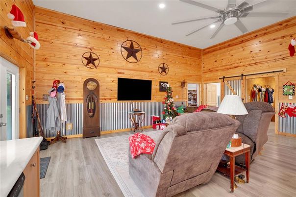 Interior, Living room, Recessed Lighting, Wood Texture Flooring, Wooden Walls