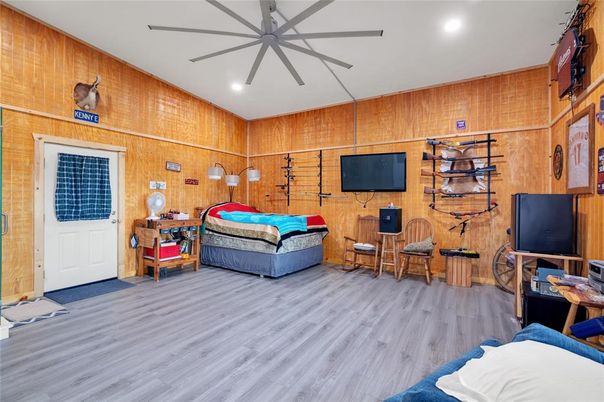 Bedroom, Interior, Recessed Lighting, Wood Texture Flooring, Wooden Walls