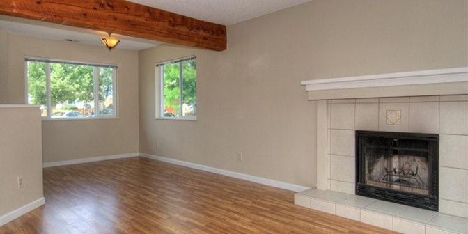 Empty room, Fireplace, Interior, Wooden Beams, Wood Texture Flooring