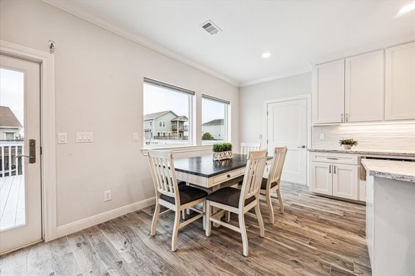 Dining room, Interior, Recessed Lighting, Wood Texture Flooring