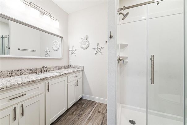 Bathroom, Glass Shower, Interior, Wood Texture Flooring