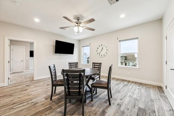 Dining room, Interior, Recessed Lighting, Wood Texture Flooring