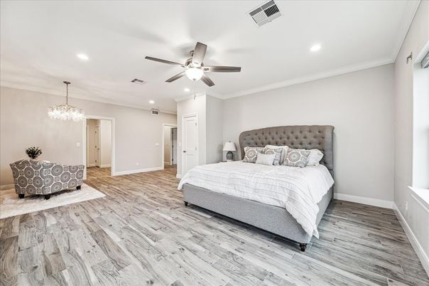 Bedroom, Interior, Recessed Lighting, Wood Texture Flooring