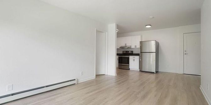 Empty room, Interior, Kitchen, Stainless Steel Appliances, Wood Texture Flooring