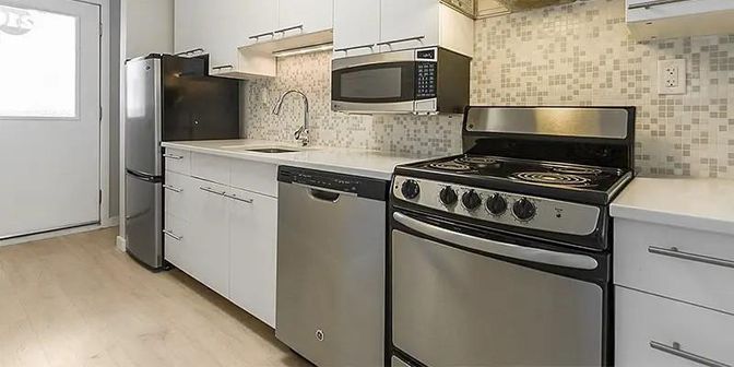 Interior, Kitchen, Stainless Steel Appliances, Wood Texture Flooring