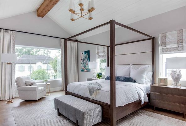 Bedroom, Interior, Pendant Lights, Wooden Beams, Wood Texture Flooring