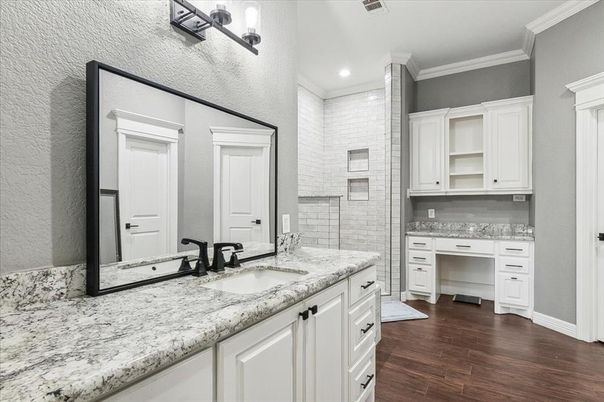 Bathroom, Dual Sink Vanities, Interior, Recessed Lighting, Wood Texture Flooring