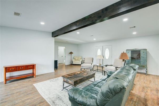 Interior, Living room, Recessed Lighting, Wooden Beams, Wood Texture Flooring
