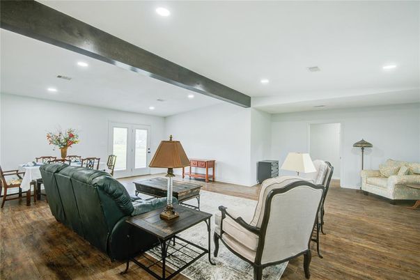 Dining room, Interior, Living room, Recessed Lighting, Wooden Beams, Wood Texture Flooring