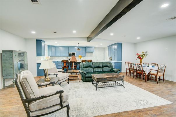 Dining room, Interior, Kitchen, Living room, Pendant Lights, Recessed Lighting, Stainless Steel Appliances, Wood Texture Flooring