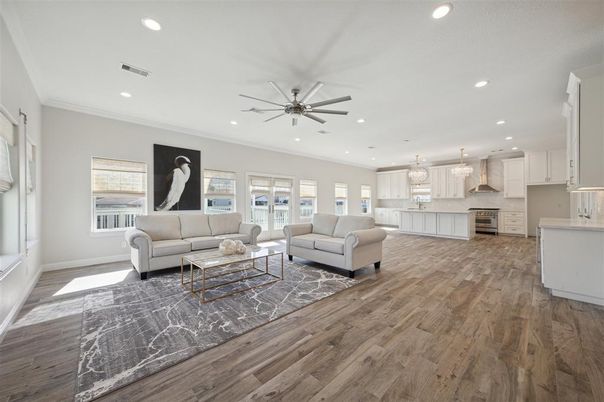 Interior, Kitchen, Living room, Pendant Lights, Recessed Lighting, Stainless Steel Appliances, Wood Texture Flooring