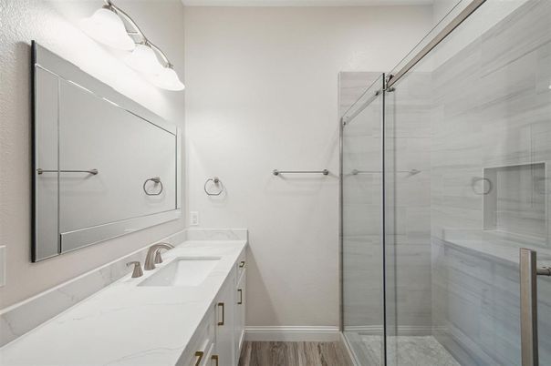 Bathroom, Glass Shower, Interior, Wood Texture Flooring