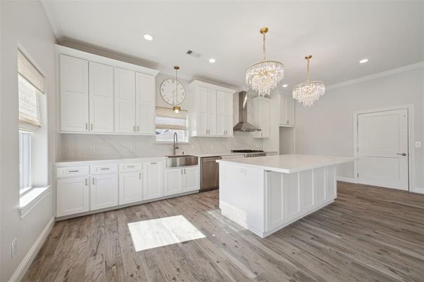 Chandelier, Interior, Kitchen, Pendant Lights, Recessed Lighting, Stainless Steel Appliances, Wood Texture Flooring