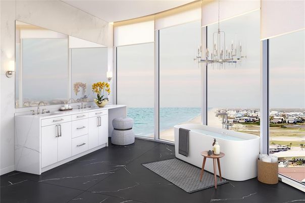 Bathroom, Dual Sink Vanities, Free Standing Baths, Interior, Marble, Marble Walls, Pendant Lights, Water