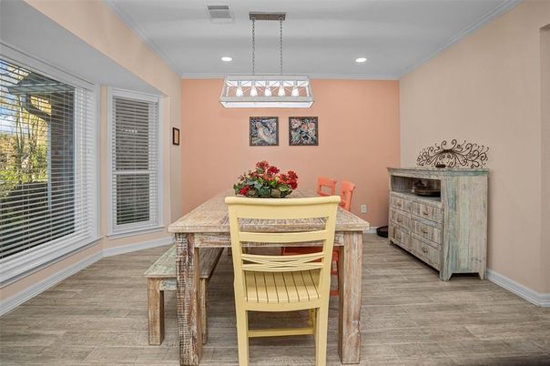 Dining room, Interior, Pendant Lights, Recessed Lighting, Wood Texture Flooring