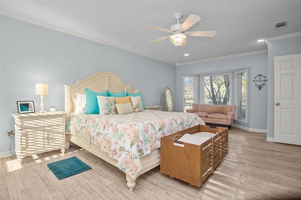 Bedroom, Interior, Recessed Lighting, Wood Texture Flooring
