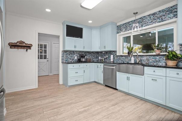 Interior, Kitchen, Pendant Lights, Recessed Lighting, Stainless Steel Appliances, Wood Texture Flooring