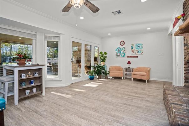 Interior, Recessed Lighting, Stone Walls, Wood Texture Flooring