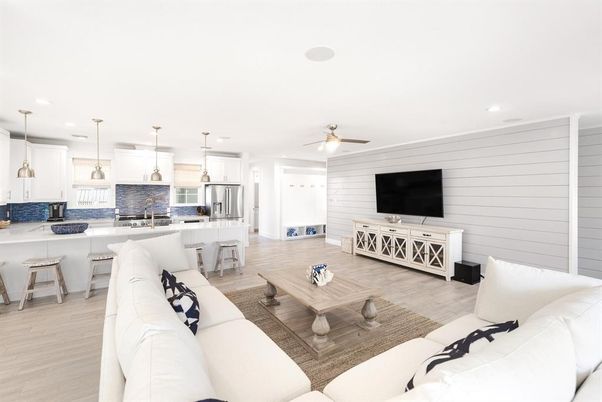 Interior, Kitchen, Living room, Pendant Lights, Recessed Lighting, Wood Texture Flooring