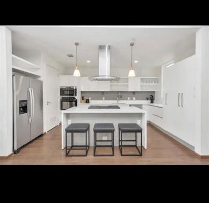 Interior, Kitchen, Pendant Lights, Recessed Lighting, Stainless Steel Appliances, Wood Texture Flooring