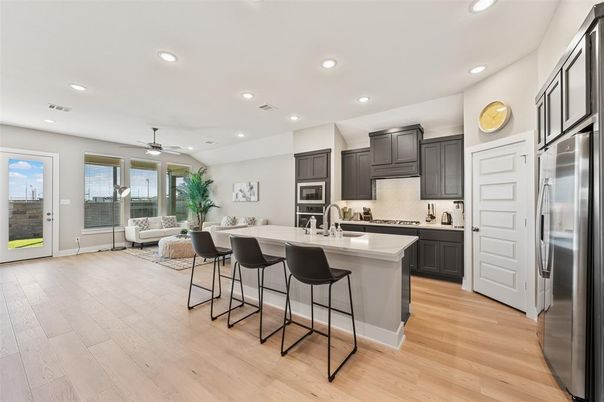 Interior, Kitchen, Living room, Recessed Lighting, Stainless Steel Appliances, Wood Texture Flooring