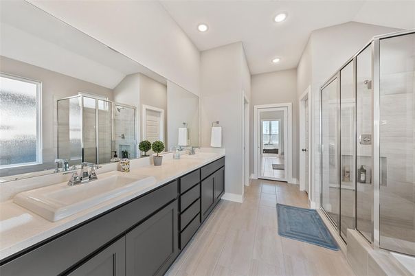 Bathroom, Dual Sink Vanities, Glass Shower, Interior, Recessed Lighting, Wood Texture Flooring