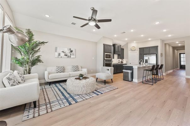 Interior, Kitchen, Living room, Recessed Lighting, Stainless Steel Appliances, Wood Texture Flooring