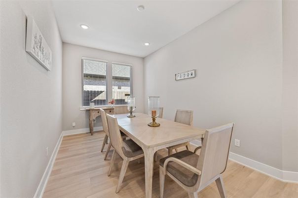 Dining room, Interior, Recessed Lighting, Wood Texture Flooring